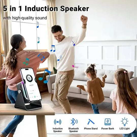 🎵5-in-1 Wireless Induction Speaker Stand｜1500mAh Emergency Power, 360° Adjustable Phone Holder, RGB Light Bluetooth Desktop Speaker
