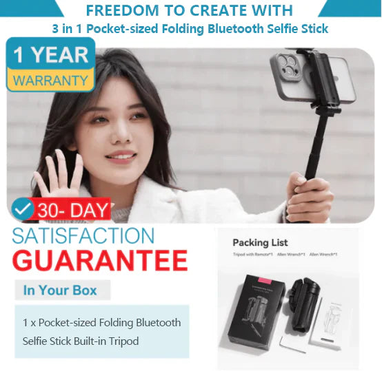 3 in 1 Pocket-sized Folding Bluetooth Selfie Stick Built-in Tripod