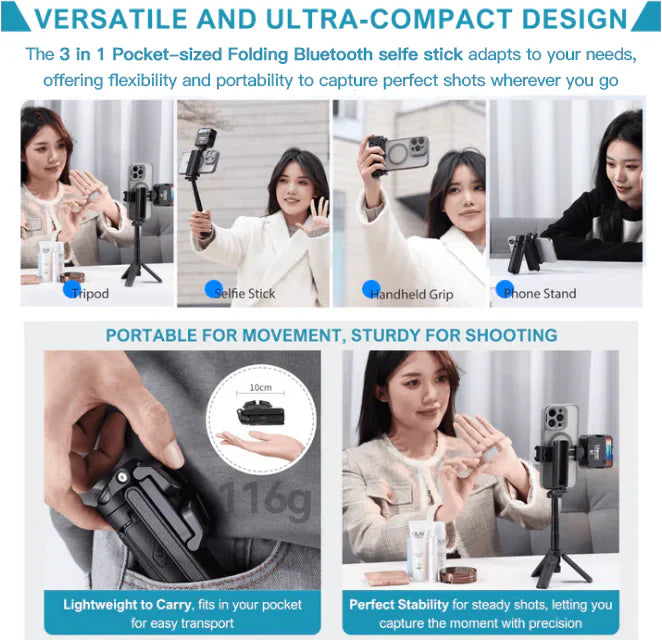 3 in 1 Pocket-sized Folding Bluetooth Selfie Stick Built-in Tripod