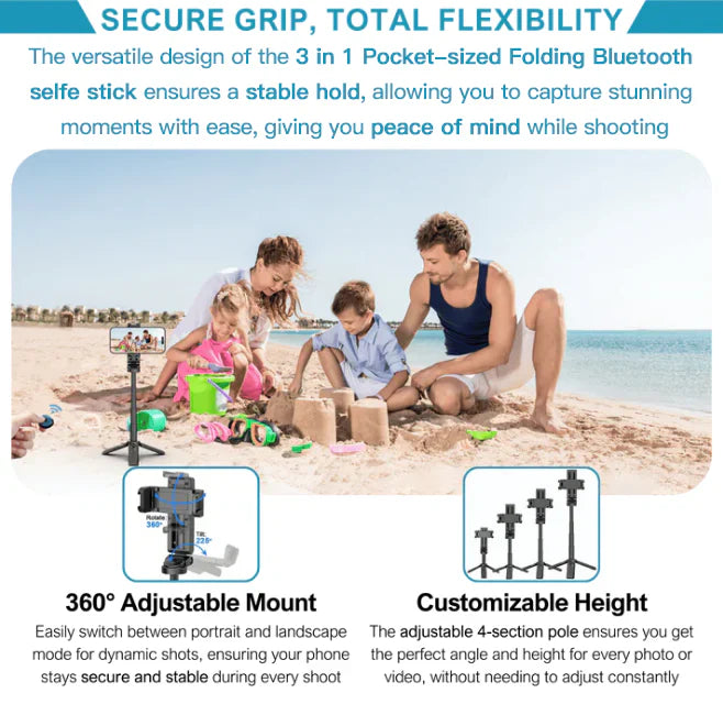 3 in 1 Pocket-sized Folding Bluetooth Selfie Stick Built-in Tripod