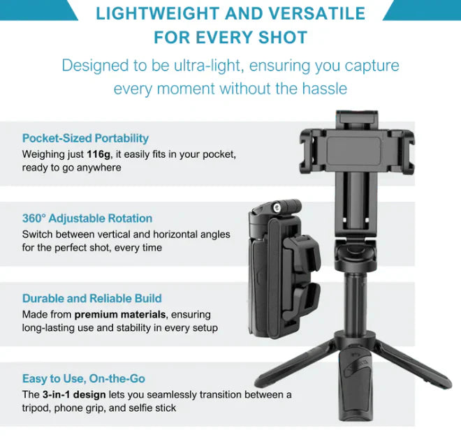 3 in 1 Pocket-sized Folding Bluetooth Selfie Stick Built-in Tripod