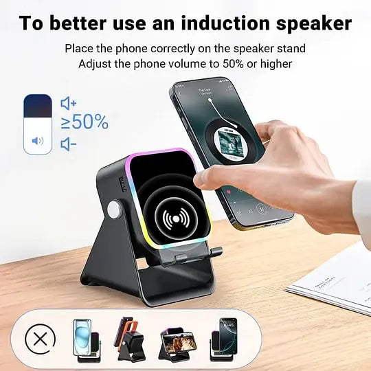 🎵5-in-1 Wireless Induction Speaker Stand｜1500mAh Emergency Power, 360° Adjustable Phone Holder, RGB Light Bluetooth Desktop Speaker