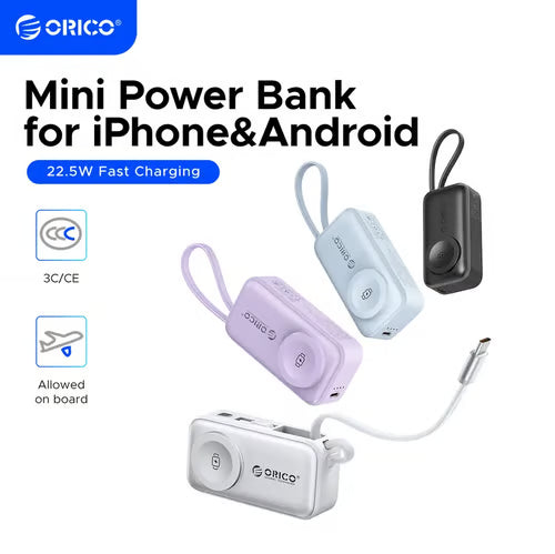 🔋 Orico 3-in-1 Power Bank – Integrated Cable & Foldable Wall Plug – Wireless Watch Charger for iPhone & Android ✈️
