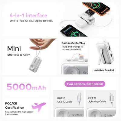 🔋 Orico 3-in-1 Power Bank – Integrated Cable & Foldable Wall Plug – Wireless Watch Charger for iPhone & Android ✈️