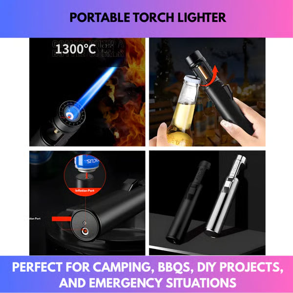 "Portable Torch Lighter-🔥 1300℃ of Pure Power – Windproof, Refillable & Ready for Anything! 💨🍳🏕️"