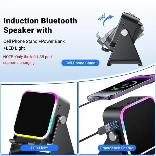 🎵5-in-1 Wireless Induction Speaker Stand｜1500mAh Emergency Power, 360° Adjustable Phone Holder, RGB Light Bluetooth Desktop Speaker