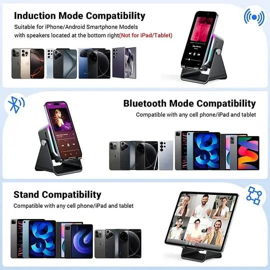 🎵5-in-1 Wireless Induction Speaker Stand｜1500mAh Emergency Power, 360° Adjustable Phone Holder, RGB Light Bluetooth Desktop Speaker