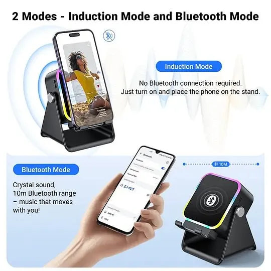 🎵5-in-1 Wireless Induction Speaker Stand｜1500mAh Emergency Power, 360° Adjustable Phone Holder, RGB Light Bluetooth Desktop Speaker