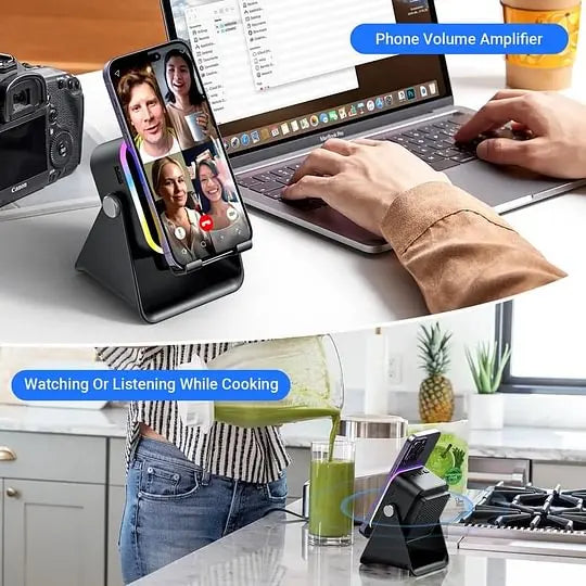 🎵5-in-1 Wireless Induction Speaker Stand｜1500mAh Emergency Power, 360° Adjustable Phone Holder, RGB Light Bluetooth Desktop Speaker