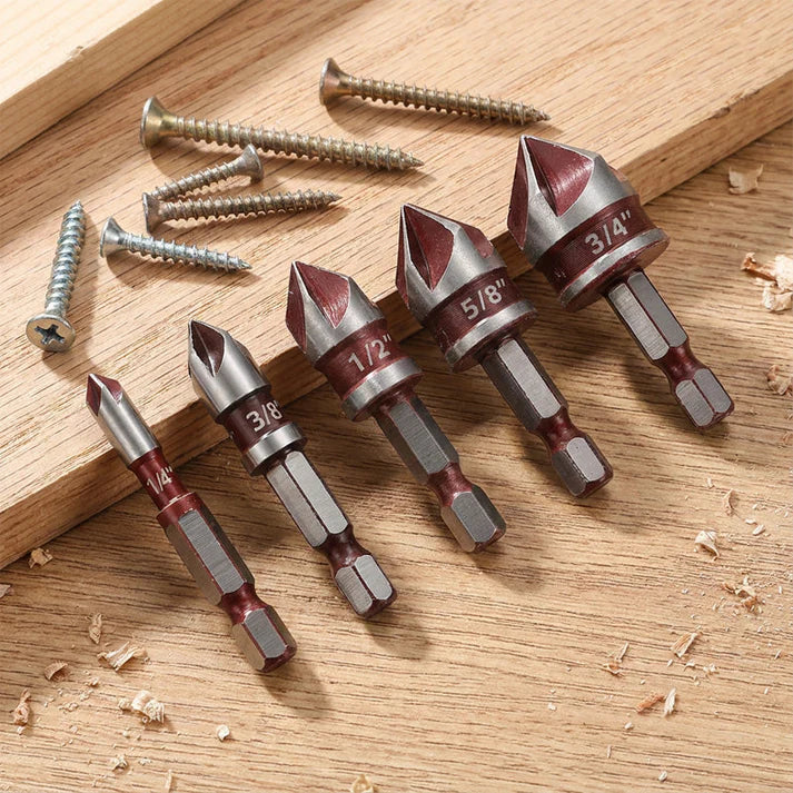 🔥 5PCS Wood Countersink Drill Bit Set – Perfect Chamfer Holes in Seconds!