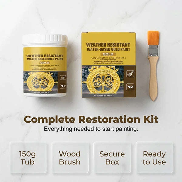 Weather Resistant Gold Paint – Water‑based, brilliant shine. Safe for metal, wood & stone. Lasts rain or shine! 🖌️💛