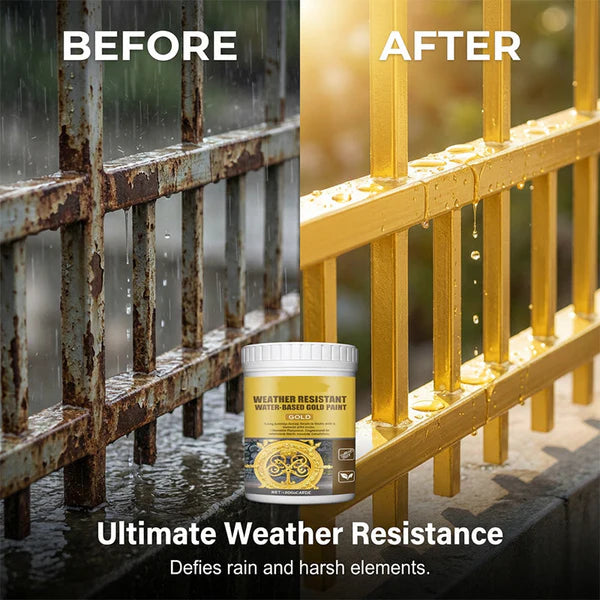 Weather Resistant Gold Paint – Water‑based, brilliant shine. Safe for metal, wood & stone. Lasts rain or shine! 🖌️💛