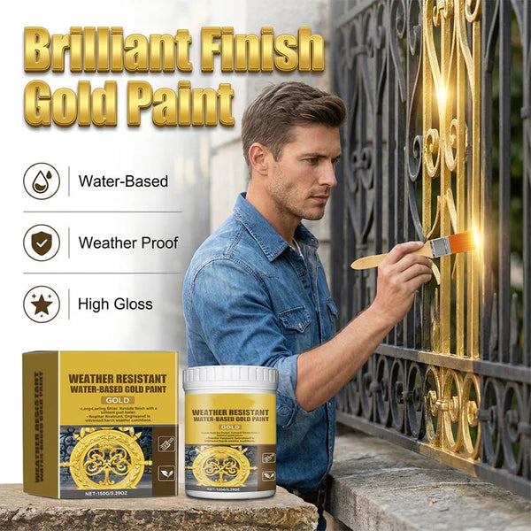 Weather Resistant Gold Paint – Water‑based, brilliant shine. Safe for metal, wood & stone. Lasts rain or shine! 🖌️💛