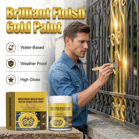 Weather Resistant Gold Paint – Water‑based, brilliant shine. Safe for metal, wood & stone. Lasts rain or shine! 🖌️💛