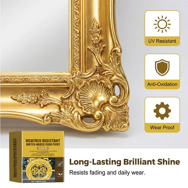 Weather Resistant Gold Paint – Water‑based, brilliant shine. Safe for metal, wood & stone. Lasts rain or shine! 🖌️💛